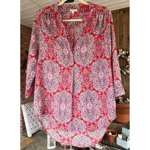 Antilia Femme M Red Multicolor Paisley Tunic Top Boho V Neck 3/4 Sleeve Blouse